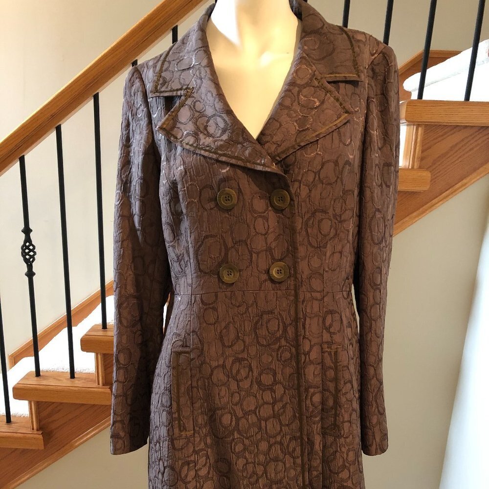 Planet Vtg Classic Double Breasted Lined Coat w Circle Pattern Olive Green Sz 10